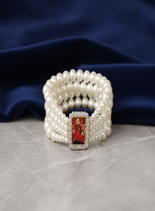 Inites Unisex Adjustable White Pearl Moti Jai Guru Ji Bracelet | Shukrana Blessing's Always Guru Ji Nug Engraved Swaroop/Photo Wrist Band Cuff Charming Beads Elastic Layered Bracelet - Image 2