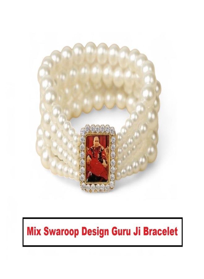 Inites Unisex Adjustable White Pearl Moti Jai Guru Ji Bracelet | Shukrana Blessing's Always Guru Ji Nug Engraved Swaroop/Photo Wrist Band Cuff Charming Beads Elastic Layered Bracelet - Image 3