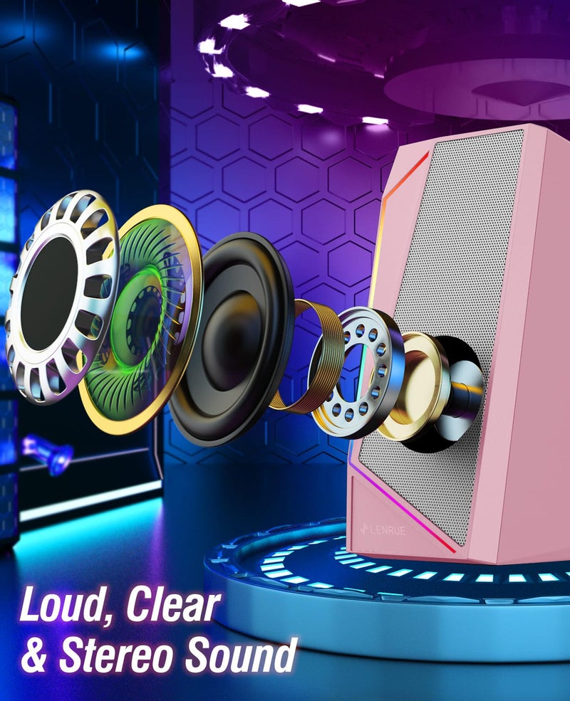 LENRUE Computer Speakers, USB/USB-C Powered PC Speakers with Loud Stereo Sound, Headphone-in for Desktop, iMac, MacBook, Laptop, Monitor (USB-C to USB Adapter Included) (Pink) - Image 3