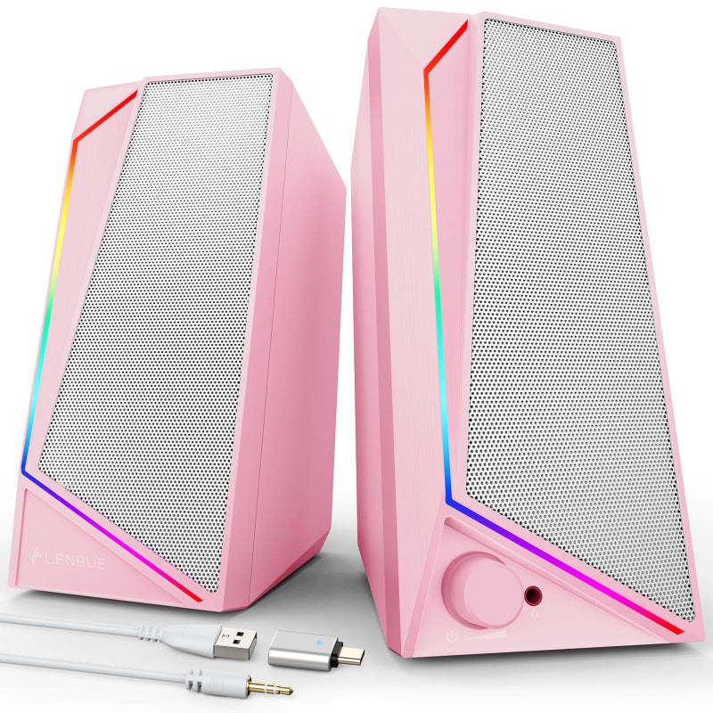 LENRUE Computer Speakers, USB/USB-C Powered PC Speakers with Loud Stereo Sound, Headphone-in for Desktop, iMac, MacBook, Laptop, Monitor (USB-C to USB Adapter Included) (Pink) - Image 1