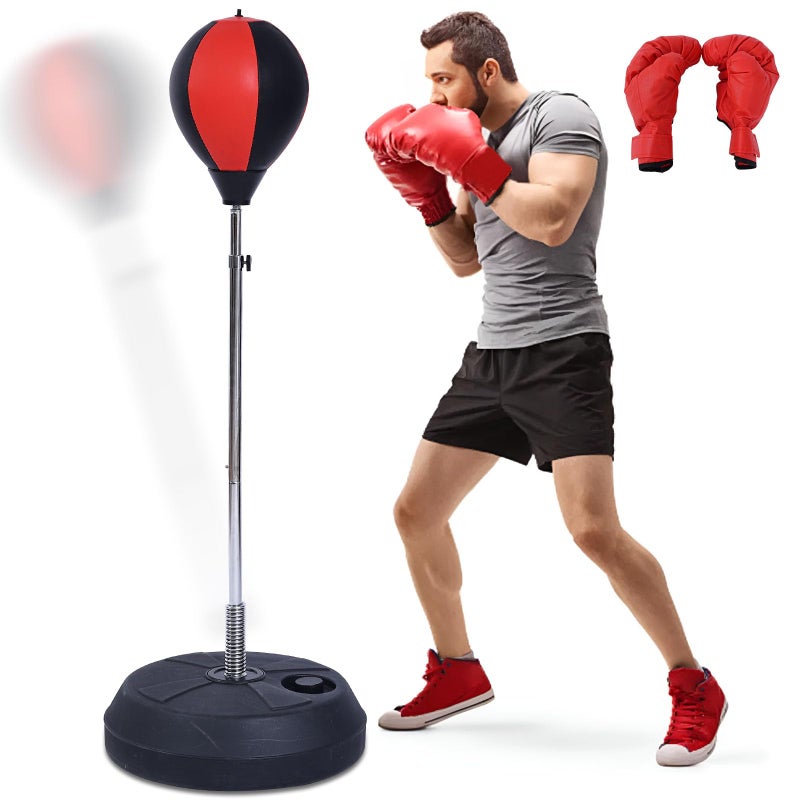 Stiatu Punching Bag with Standâ€“ Height Adjustable Freestanding Boxing Speed Bag with Reflex Bar, Home Gym Training Equipment for MMA Fitness Stress Relief (Red) - Image 1