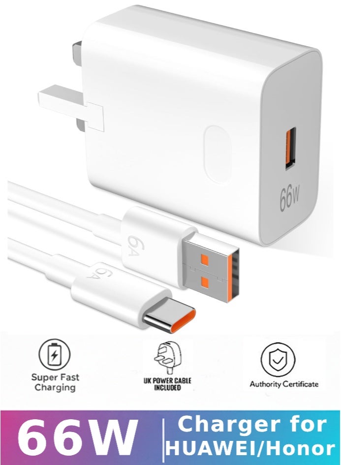 Neox شاحن هونر شاحن هواوي شاحن HUAWEI USB-C للشحن السريع بقوة 66 واط، متوافق مع هواتف Honor (سلاسل 300 و200 و100 و90) وأجهزة Magic (سلاسل 7 و6 و5 و4 Pro/Lite) وأجهزة Pad (طرازات X9 وX8). قابس شاحن حائط سريع مخصص لهواتف Huawei Mate (سلاسل 60 و50 و40 و30 Pro) وPura (سلاسل 70 و60 و50 و40 و30 Pro/Lite)، يأتي مرفقاً بكابل Type-C بطول 3.3 قدم. (اللون: أبيض) - Image 1