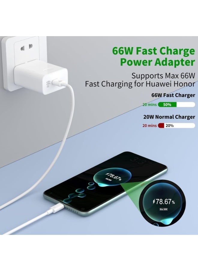 Neox شاحن هونر شاحن هواوي شاحن HUAWEI USB-C للشحن السريع بقوة 66 واط، متوافق مع هواتف Honor (سلاسل 300 و200 و100 و90) وأجهزة Magic (سلاسل 7 و6 و5 و4 Pro/Lite) وأجهزة Pad (طرازات X9 وX8). قابس شاحن حائط سريع مخصص لهواتف Huawei Mate (سلاسل 60 و50 و40 و30 Pro) وPura (سلاسل 70 و60 و50 و40 و30 Pro/Lite)، يأتي مرفقاً بكابل Type-C بطول 3.3 قدم. (اللون: أبيض) - Image 3