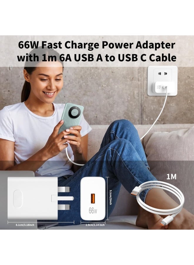 Neox شاحن هونر شاحن هواوي شاحن HUAWEI USB-C للشحن السريع بقوة 66 واط، متوافق مع هواتف Honor (سلاسل 300 و200 و100 و90) وأجهزة Magic (سلاسل 7 و6 و5 و4 Pro/Lite) وأجهزة Pad (طرازات X9 وX8). قابس شاحن حائط سريع مخصص لهواتف Huawei Mate (سلاسل 60 و50 و40 و30 Pro) وPura (سلاسل 70 و60 و50 و40 و30 Pro/Lite)، يأتي مرفقاً بكابل Type-C بطول 3.3 قدم. (اللون: أبيض) - Image 4