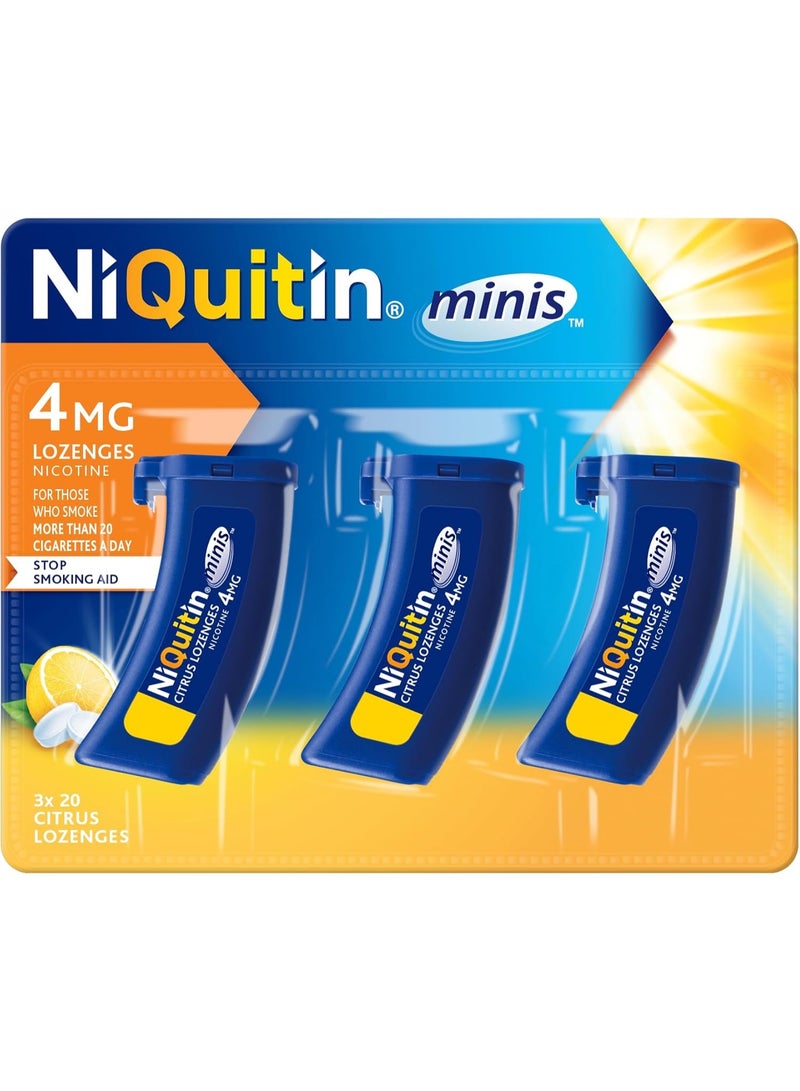 NiQuitin 4mg Minis Citrus Lozenges - Citrus Flavour (3 x Pack of 20 Minis Nicotine Lozenges) - Smoking Craving Relief in Just 3 Minutes* - On The Go Oral Stop Smoking Aid - Pocket Sized Containers. - Image 1