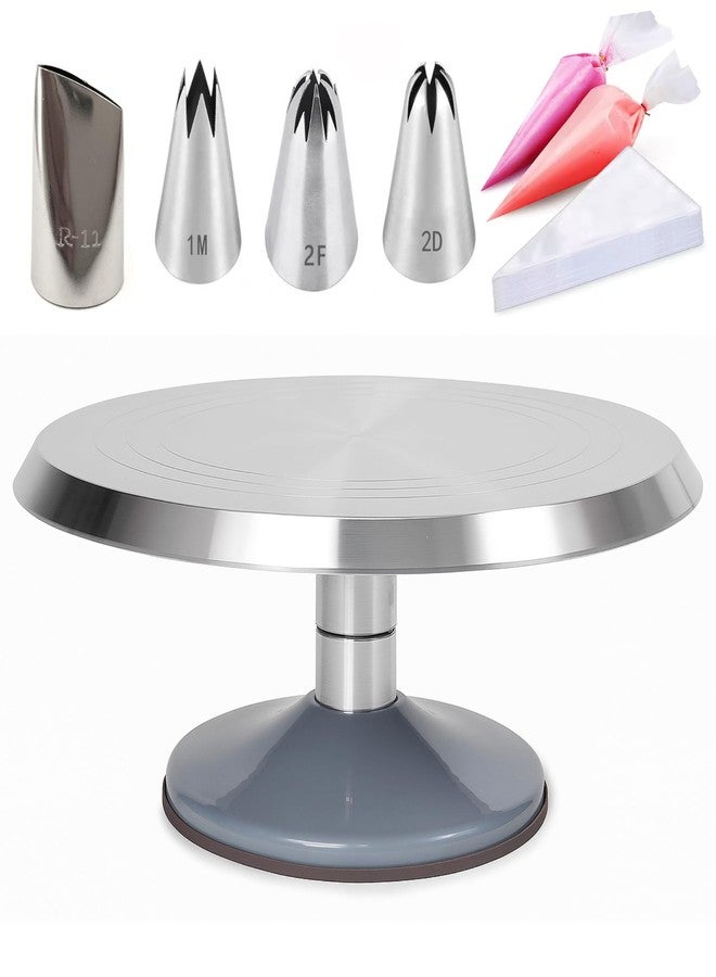 SHOAIB Detachable 12inch Cake Decorating Turntable with 1M, 2D, 2F, R11 Nozzles & 100-pcs Piping Bags 360° Rotating Metal Cake Stand Cake Piping & Frosting (Grey) - Image 1