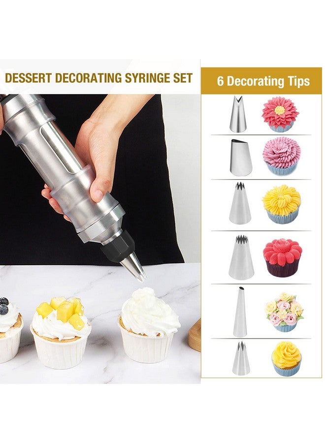 Dualshine Dessert Decorating Syringe Set Frosting Piping Kit Stainless Steels Cake Decorating Tool 6 Russian Piping Icing Nozzles Cream Scraper Cupcake Frosting Filling Injector Cake Icing Tools - Image 2