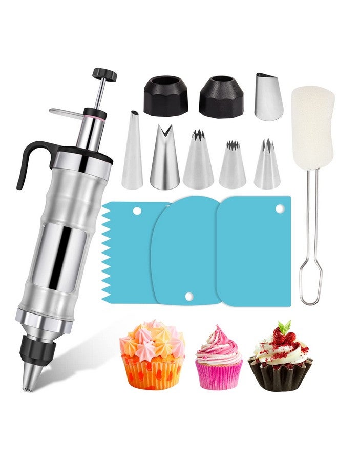Dualshine Dessert Decorating Syringe Set Frosting Piping Kit Stainless Steels Cake Decorating Tool 6 Russian Piping Icing Nozzles Cream Scraper Cupcake Frosting Filling Injector Cake Icing Tools - Image 1