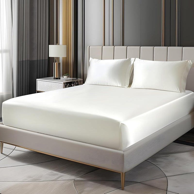 BEDELITE Fitted Sheet Full Size Set, Luxury Soft White Silky Sheet for Hair and Skin, Similar to Silk Bed Sheet Set with 1 Deep Pocket Fitted Sheet and 2 Pillowcases - Image 1