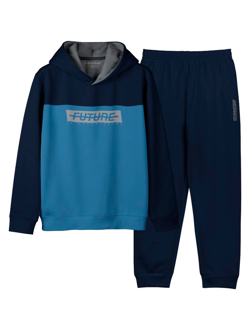 HELLCAT Printed Cotton Blend Full Sleeve Hoodie T-Shirt Jogger Trackpant Clothing Set for Boys Blue/Navy 9-10 Years - Image 1