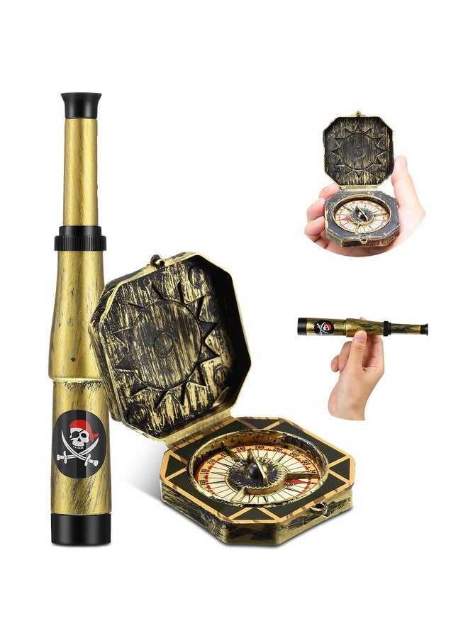 Gejoy 2 Pcs Pirate Telescope And Pirate Compass For Kids Adults Retro Mini Plastic Pirate Toy For Pirate Theme Party Halloween Cosplay Supplies - Image 1