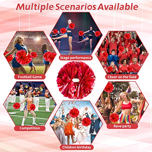 CREATIEE-PRO 4Pcs Metallic Cheerleading Pom Poms, Creatiee 2 Pair Cheerleader Cheering Squad Pompoms for School Sports Dance Games Team Spirit Cheer (Red) - Image 4