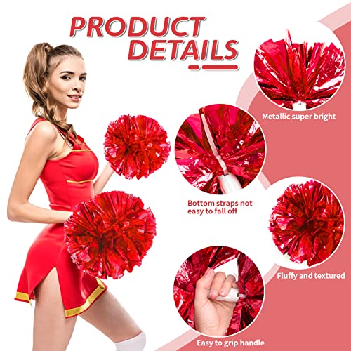 CREATIEE-PRO 4Pcs Metallic Cheerleading Pom Poms, Creatiee 2 Pair Cheerleader Cheering Squad Pompoms for School Sports Dance Games Team Spirit Cheer (Red) - Image 3