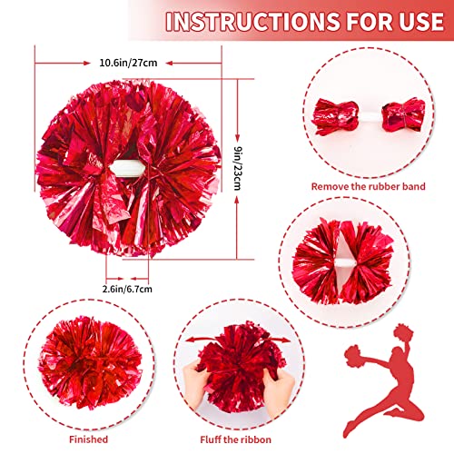 CREATIEE-PRO 4Pcs Metallic Cheerleading Pom Poms, Creatiee 2 Pair Cheerleader Cheering Squad Pompoms for School Sports Dance Games Team Spirit Cheer (Red) - Image 2