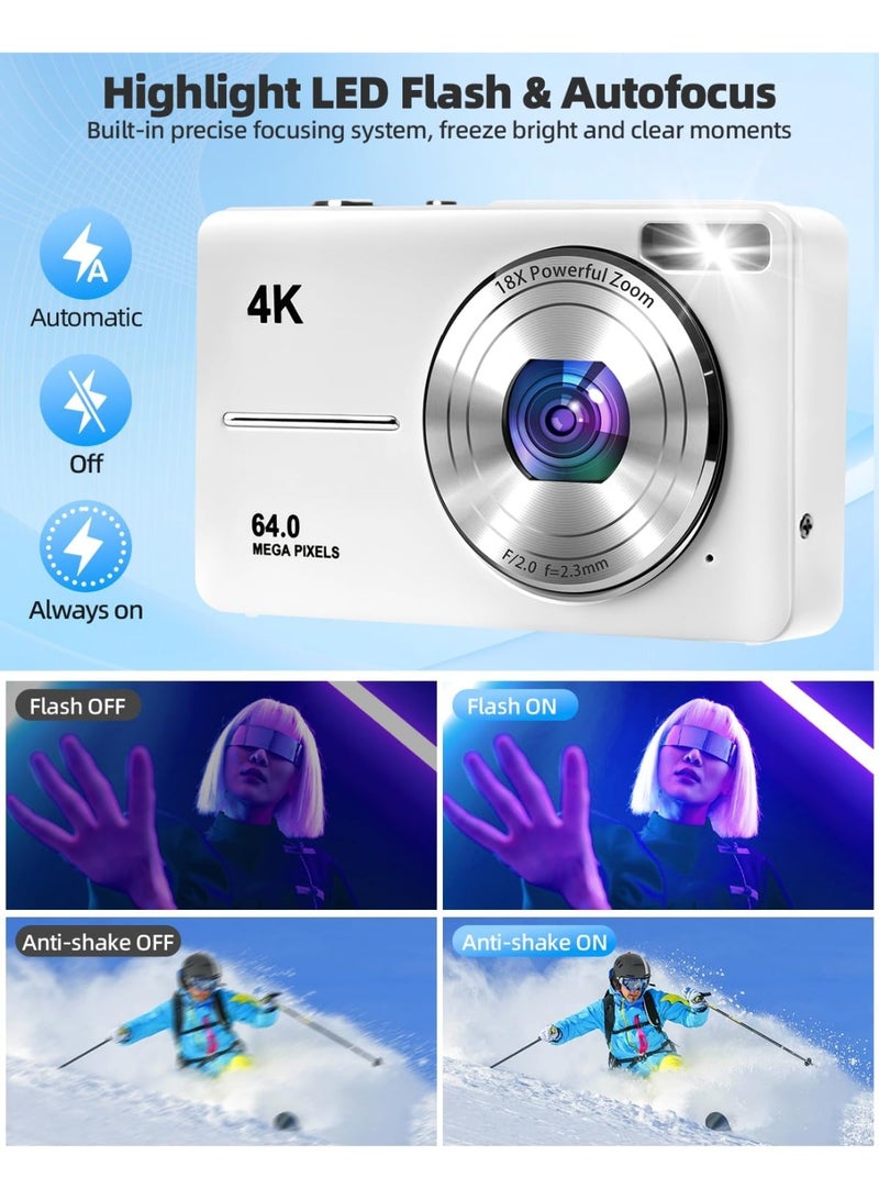 كيبول كاميرا رقمية 4K للتصوير الفوتوغرافي، كاميرا فيديو 64 ميجابكسل بتركيز تلقائي، بطاقة TF سعة 32 جيجابايت، شاشة LED 2.4 بوصة، تكبير 18 مرة، مضادة للاهتزاز، كاميرات رقمية محمولة للتصوير الفوري للأطفال والمراهقين والبالغين والمبتدئين (أبيض) - Image 5