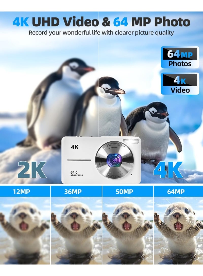 كيبول كاميرا رقمية 4K للتصوير الفوتوغرافي، كاميرا فيديو 64 ميجابكسل بتركيز تلقائي، بطاقة TF سعة 32 جيجابايت، شاشة LED 2.4 بوصة، تكبير 18 مرة، مضادة للاهتزاز، كاميرات رقمية محمولة للتصوير الفوري للأطفال والمراهقين والبالغين والمبتدئين (أبيض) - Image 2