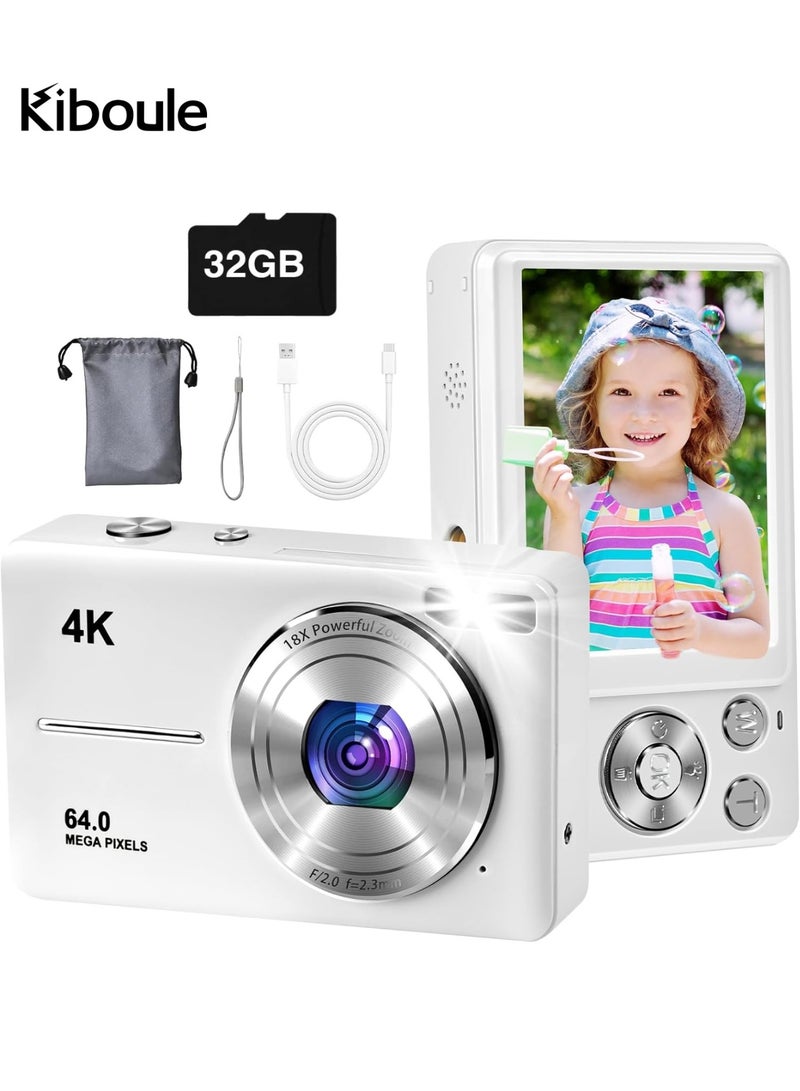 كيبول كاميرا رقمية 4K للتصوير الفوتوغرافي، كاميرا فيديو 64 ميجابكسل بتركيز تلقائي، بطاقة TF سعة 32 جيجابايت، شاشة LED 2.4 بوصة، تكبير 18 مرة، مضادة للاهتزاز، كاميرات رقمية محمولة للتصوير الفوري للأطفال والمراهقين والبالغين والمبتدئين (أبيض) - Image 1