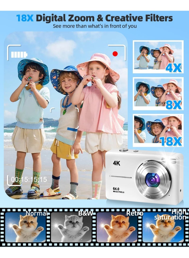 كيبول كاميرا رقمية 4K للتصوير الفوتوغرافي، كاميرا فيديو 64 ميجابكسل بتركيز تلقائي، بطاقة TF سعة 32 جيجابايت، شاشة LED 2.4 بوصة، تكبير 18 مرة، مضادة للاهتزاز، كاميرات رقمية محمولة للتصوير الفوري للأطفال والمراهقين والبالغين والمبتدئين (أبيض) - Image 3