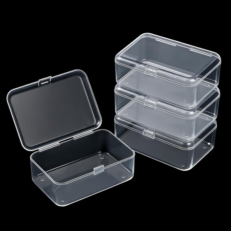 SNIRFAQM 4 Pcs Mini Clear Plastic Storage Containers 3.7x2.5x1 inches Small Box with Hinged Lid Rectangle Organizer for Collecting Small Items Beads Jewelry Business Cards Game Pieces Crafts Accessories - Image 1