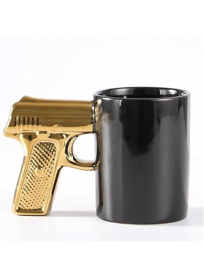 HOOKOR Creative Coffee Cup, Novelty Mug for Coffee,  Juice, Water, Tea, Home/Office Ceramic Cup with Unique Handle - Black and Gold - 350ML - Image 1