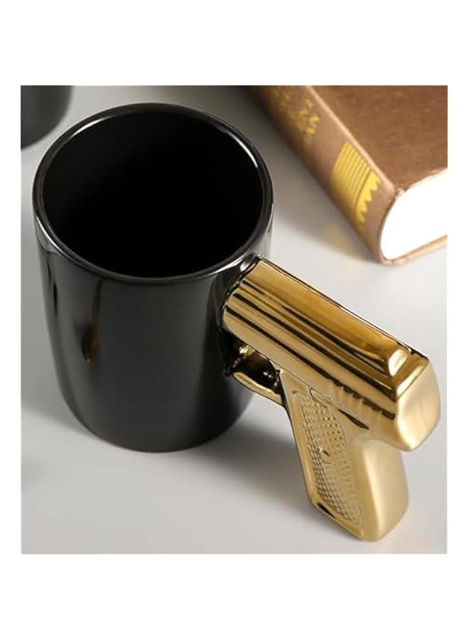 HOOKOR Creative Coffee Cup, Novelty Mug for Coffee,  Juice, Water, Tea, Home/Office Ceramic Cup with Unique Handle - Black and Gold - 350ML - Image 2