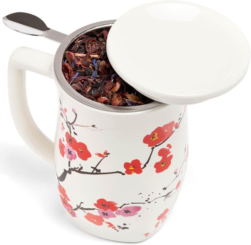 Tea Forte كوب سيراميك فيوري مع مقبض، سلة مصفاة ستانلس ستيل قابلة للإزالة وغطاء، ينقع 14 أونصة من الشاي السائب، آمن في غسالة الصحون والميكروويف، ساكورا - Image 3