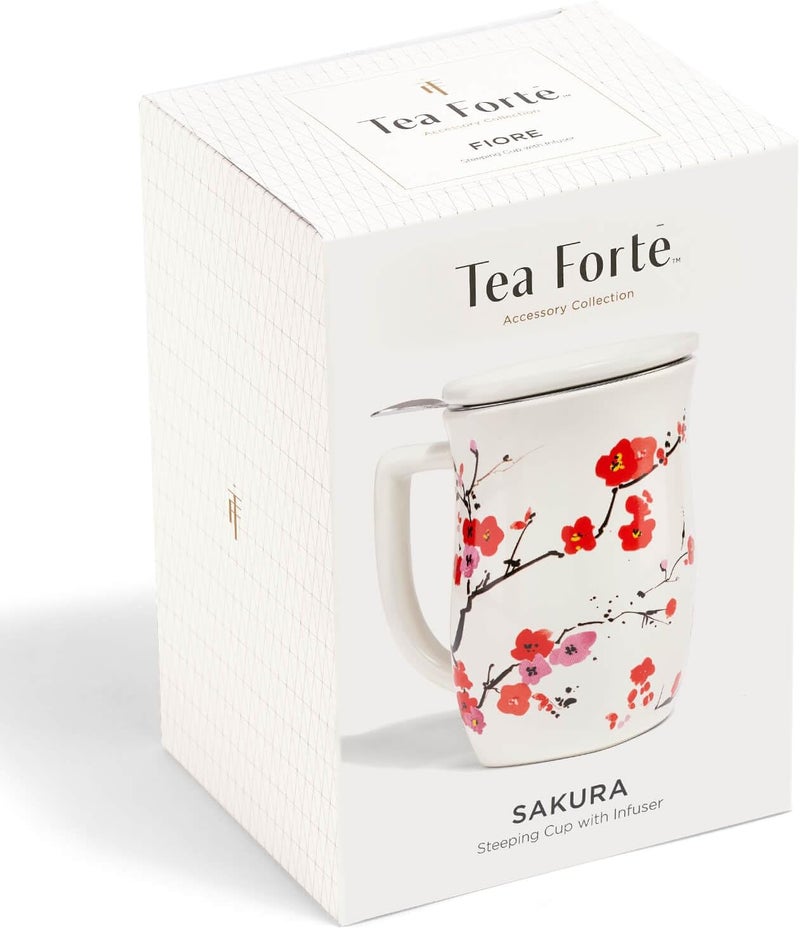 Tea Forte كوب سيراميك فيوري مع مقبض، سلة مصفاة ستانلس ستيل قابلة للإزالة وغطاء، ينقع 14 أونصة من الشاي السائب، آمن في غسالة الصحون والميكروويف، ساكورا - Image 2