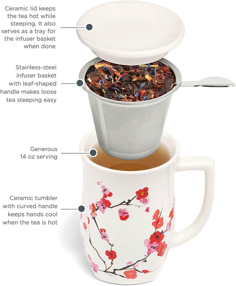 Tea Forte كوب سيراميك فيوري مع مقبض، سلة مصفاة ستانلس ستيل قابلة للإزالة وغطاء، ينقع 14 أونصة من الشاي السائب، آمن في غسالة الصحون والميكروويف، ساكورا - Image 4