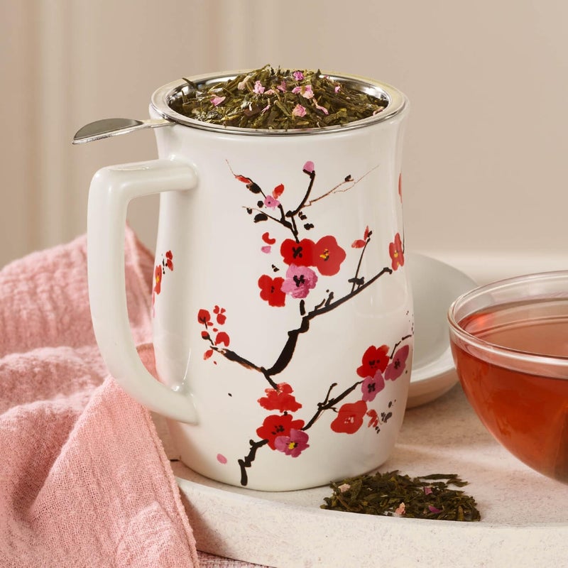 Tea Forte كوب سيراميك فيوري مع مقبض، سلة مصفاة ستانلس ستيل قابلة للإزالة وغطاء، ينقع 14 أونصة من الشاي السائب، آمن في غسالة الصحون والميكروويف، ساكورا - Image 5