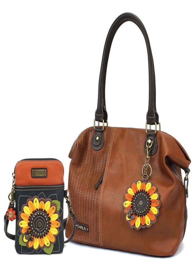 Chala Handbags LaserCut Totes Shoulder Purse with Matching Wallet Gift Set (Brown Sunflower Tote & Cellphone Crossbody Set) - Image 1