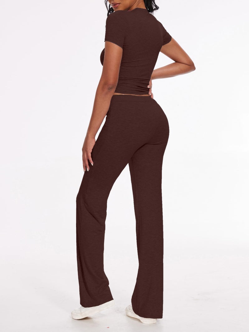 AnotherChill Women's 2 Piece Lounge Sets Straight Leg Pants Set Short Sleeve Crop T-shirt Casual Outfits Comfy Loungewear (Chocolate, Medium) - Image 2