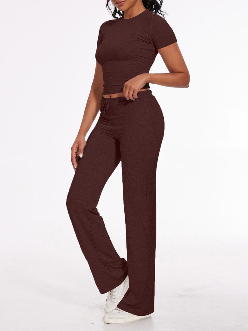 AnotherChill Women's 2 Piece Lounge Sets Straight Leg Pants Set Short Sleeve Crop T-shirt Casual Outfits Comfy Loungewear (Chocolate, Medium) - Image 4