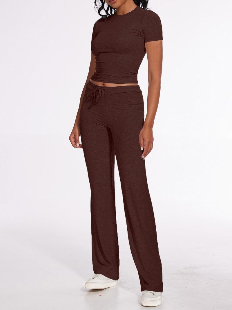 AnotherChill Women's 2 Piece Lounge Sets Straight Leg Pants Set Short Sleeve Crop T-shirt Casual Outfits Comfy Loungewear (Chocolate, Medium) - Image 3