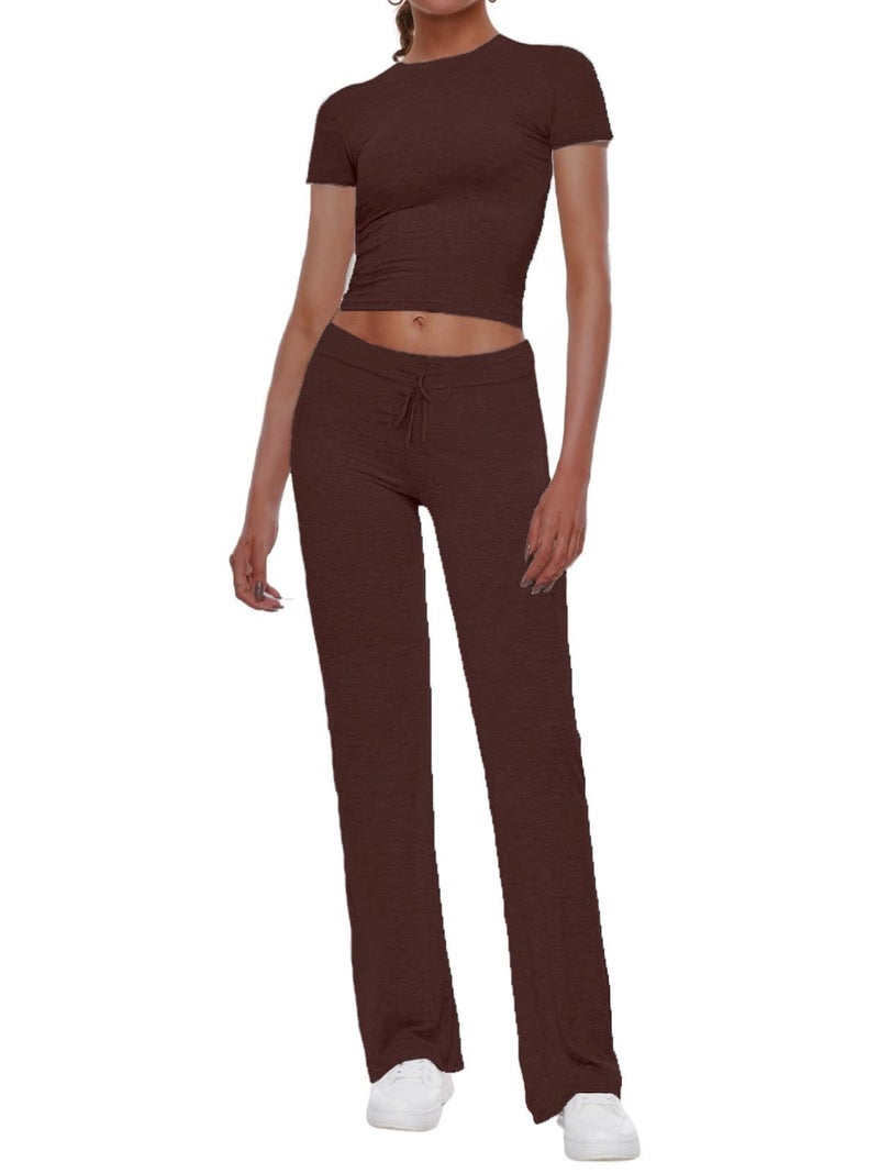 AnotherChill Women's 2 Piece Lounge Sets Straight Leg Pants Set Short Sleeve Crop T-shirt Casual Outfits Comfy Loungewear (Chocolate, Medium) - Image 1