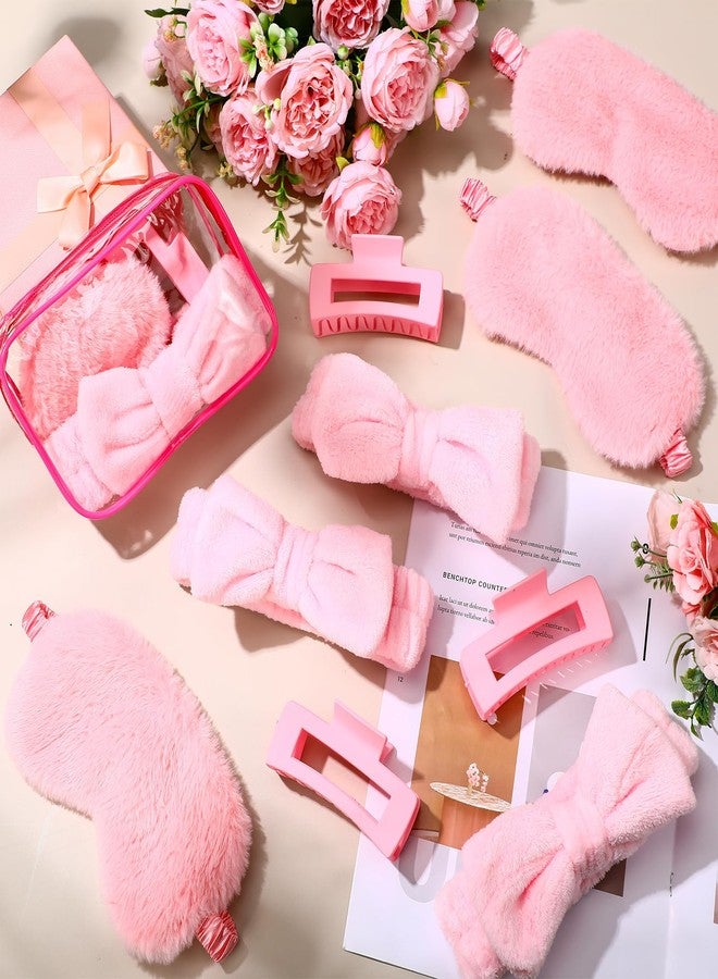 Hoteam 24 Pcs Pink Party Favors Sleep over Party Favors 6 Spa Headband 6 Plush Sleep Eye Mask 6 Pink Hair Claw Clips 6 Clear Cosmetic Bags for Slumber Party Spa Gift - Image 3