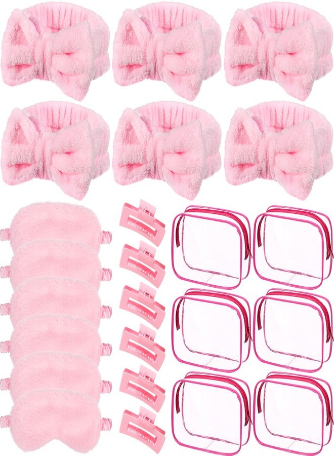 Hoteam 24 Pcs Pink Party Favors Sleep over Party Favors 6 Spa Headband 6 Plush Sleep Eye Mask 6 Pink Hair Claw Clips 6 Clear Cosmetic Bags for Slumber Party Spa Gift - Image 1