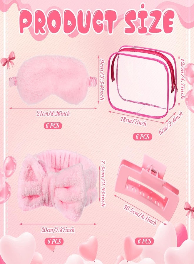 Hoteam 24 Pcs Pink Party Favors Sleep over Party Favors 6 Spa Headband 6 Plush Sleep Eye Mask 6 Pink Hair Claw Clips 6 Clear Cosmetic Bags for Slumber Party Spa Gift - Image 2