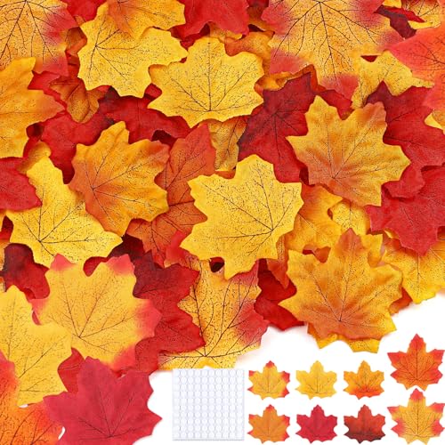Gushu 300 Piece Fall Leaves Set 7 Colors Artificial Autumn Maple Leaf Decor with 100 Glue Dots Perfect for Wreath and Bouquet Making, Weddings, Halloween, Thanksgiving Decoration - Image 1