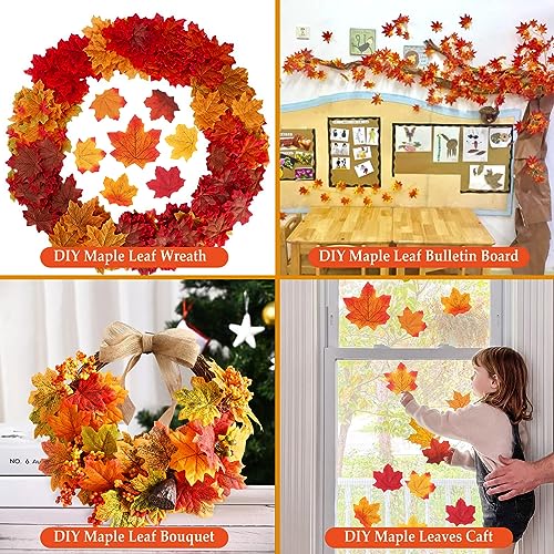Gushu 300 Piece Fall Leaves Set 7 Colors Artificial Autumn Maple Leaf Decor with 100 Glue Dots Perfect for Wreath and Bouquet Making, Weddings, Halloween, Thanksgiving Decoration - Image 5