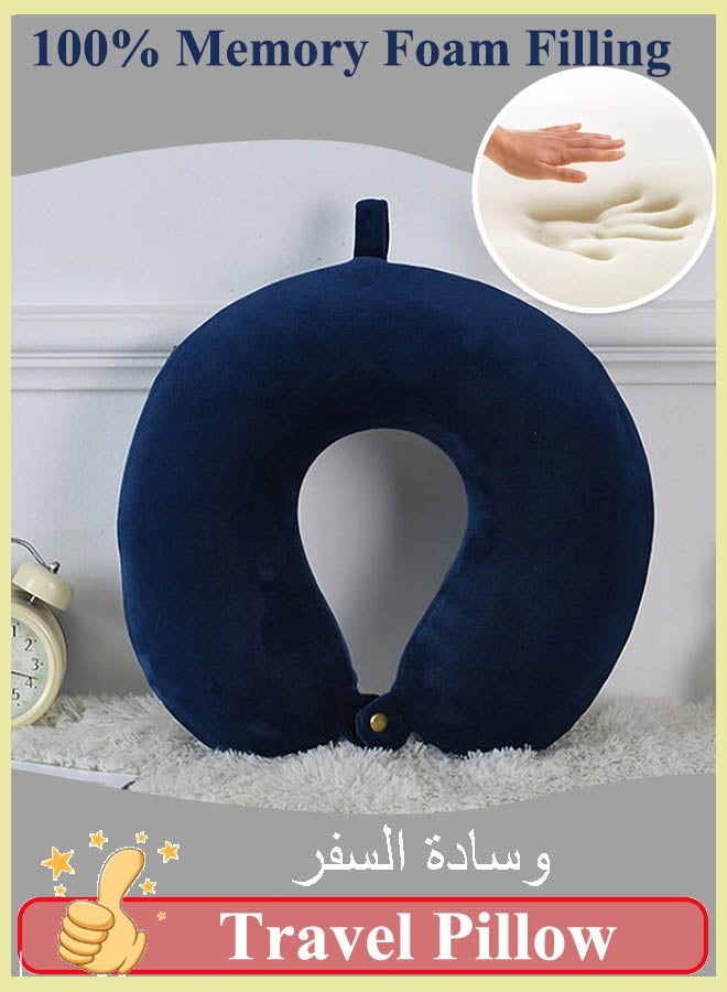 Travel Pillow 100% Memory Foam Pillow, Soft Airplane Travel Pillow with 360° Head Support, Lightweight Quick Pack for Airplane Train Car Bus, Blue  - Image 1