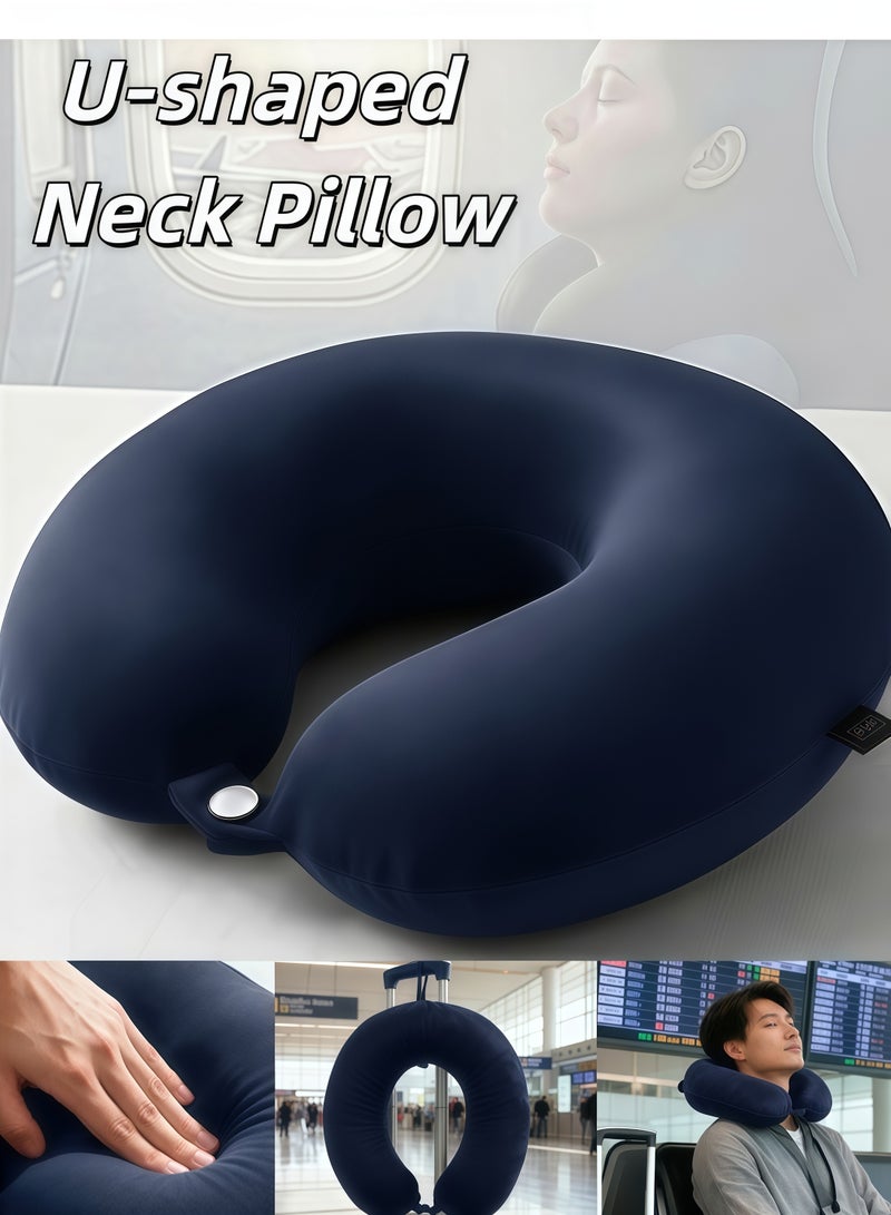 XiuWoo Travel Pillow,U-shaped neck pillow,100% Memory Foam Pillow, Soft Airplane Travel Pillow with 360° Head Support, Lightweight Quick Pack for Airplane Train Car Bus,for Sleeping and Neck Support（Dark blue） - Image 1