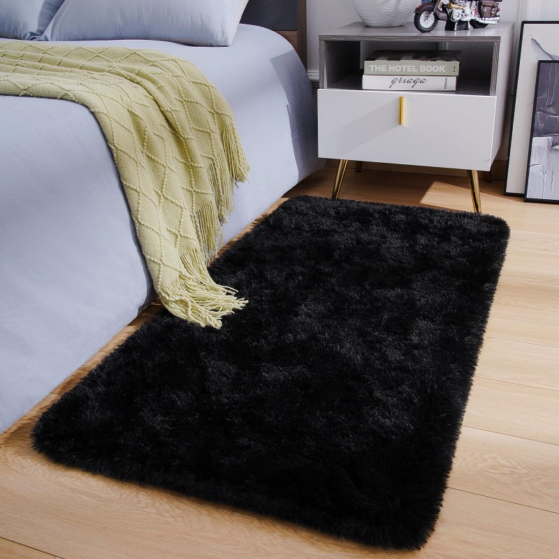 Amearea Shag Fluffy Small Rug, 2x4 Feet Throw Rugs for Bedroom Girls Living Room, Extra Soft and Fuzzy Shaggy Carpet, Non Slip, Solid Color Nursery Home Floor Decor Carpets, Black - Image 3