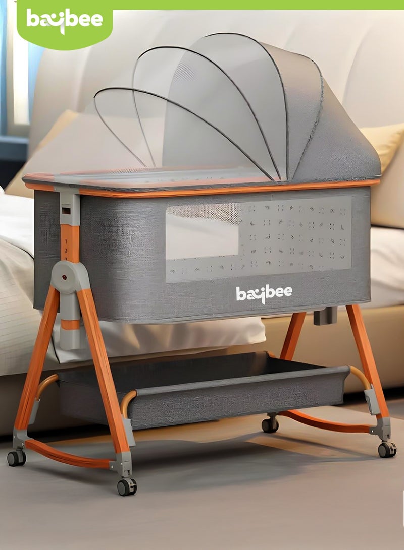 BAYBEE 3 in 1 Portable Baby Bedside Crib for Baby Infant Travel Crib With 6 Height Adjustable & Rocking Foldable Baby Bassinet with Wheels, Mosquito Net, 360° Swivel Wheels, Bed side Crib for Travel Grey - Image 1