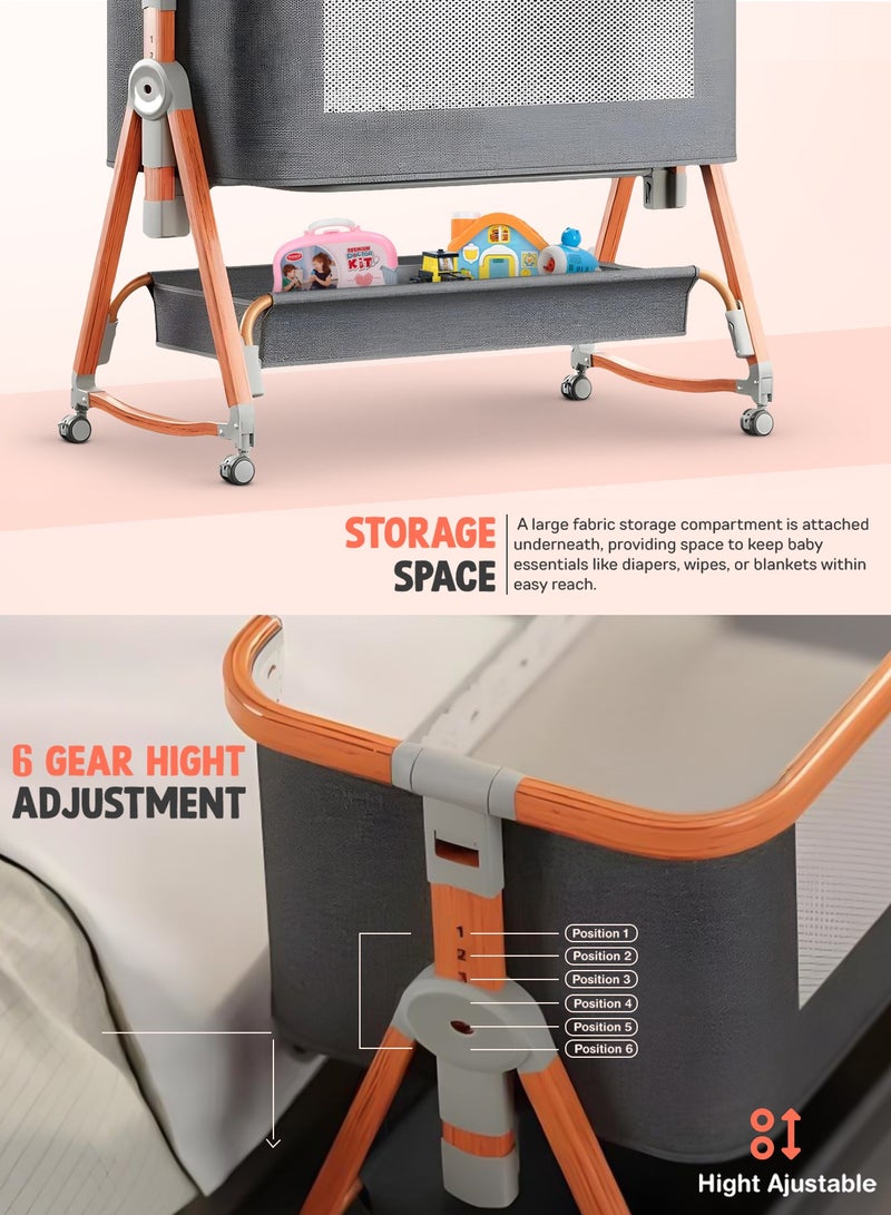 BAYBEE 3 in 1 Portable Baby Bedside Crib for Baby Infant Travel Crib With 6 Height Adjustable & Rocking Foldable Baby Bassinet with Wheels, Mosquito Net, 360° Swivel Wheels, Bed side Crib for Travel Grey - Image 4