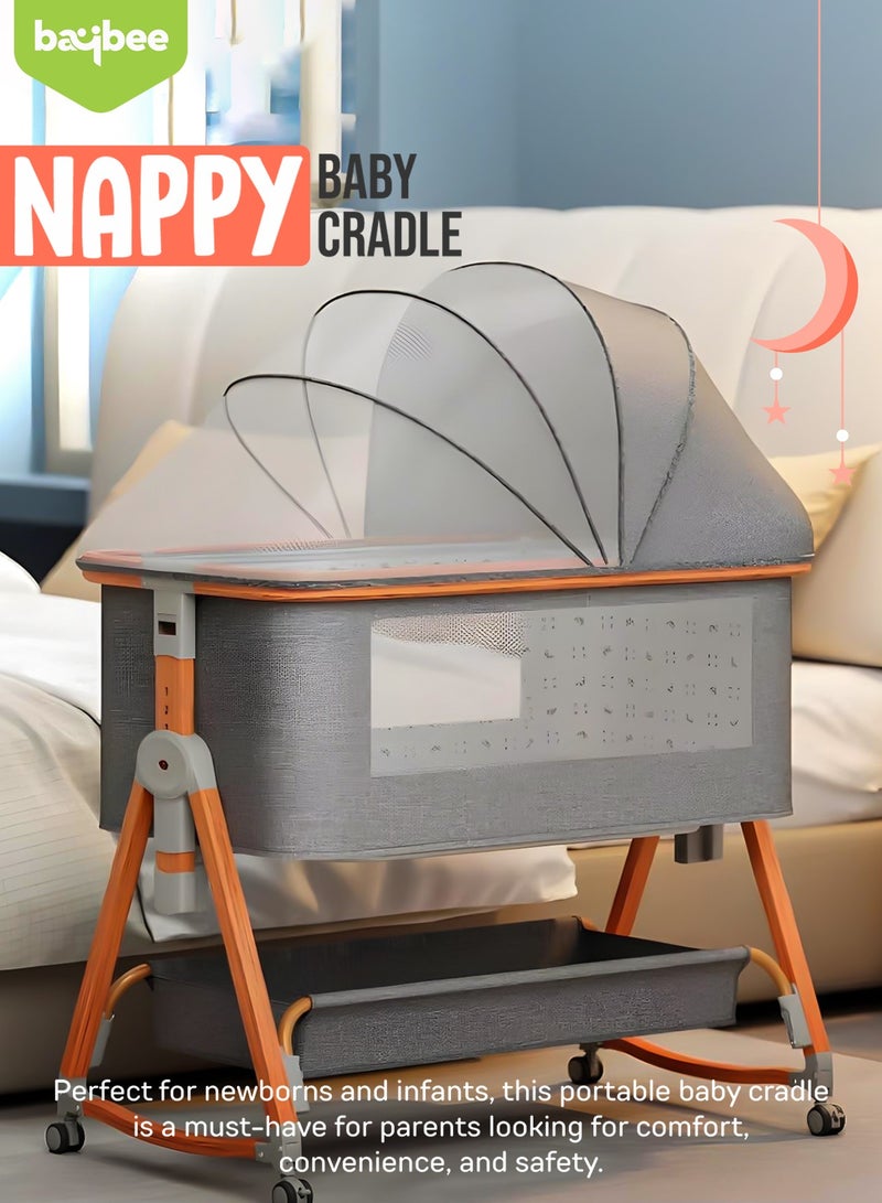 BAYBEE 3 in 1 Portable Baby Bedside Crib for Baby Infant Travel Crib With 6 Height Adjustable & Rocking Foldable Baby Bassinet with Wheels, Mosquito Net, 360° Swivel Wheels, Bed side Crib for Travel Grey - Image 3
