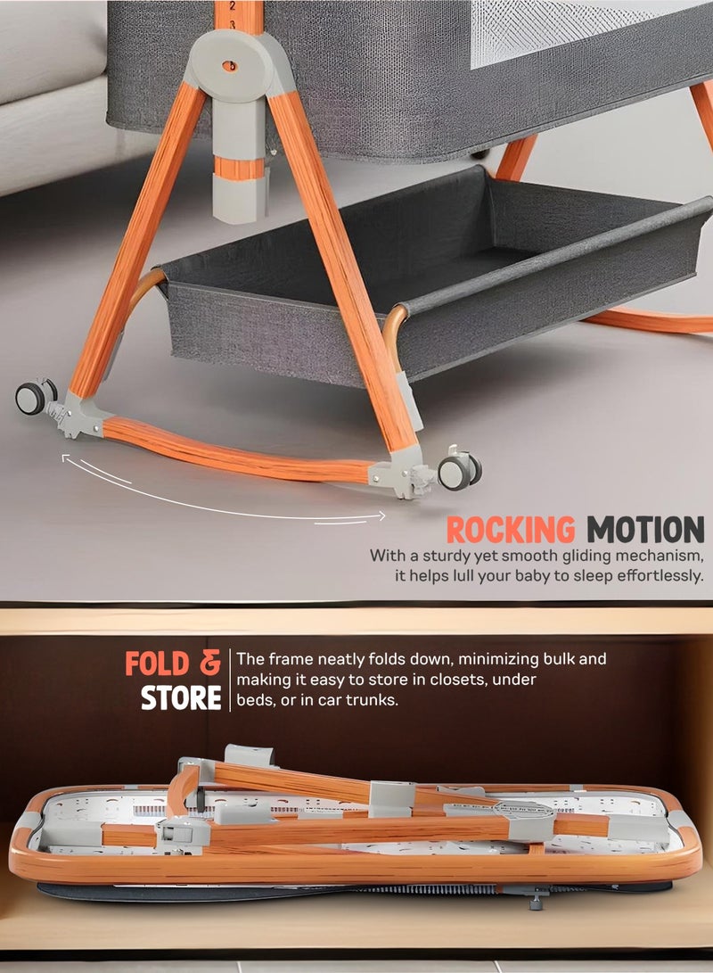 BAYBEE 3 in 1 Portable Baby Bedside Crib for Baby Infant Travel Crib With 6 Height Adjustable & Rocking Foldable Baby Bassinet with Wheels, Mosquito Net, 360° Swivel Wheels, Bed side Crib for Travel Grey - Image 5