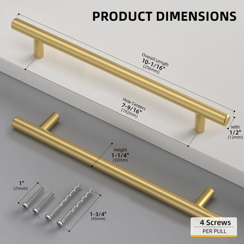 goldenwarm 5 Pack Gold Cabinet Pulls Brushed Brass Cupboard Door Handles Bathroom Hardware Modern Gold Drawer Pulls 7-1/2in Hole Center 10in Overall Length - Image 3