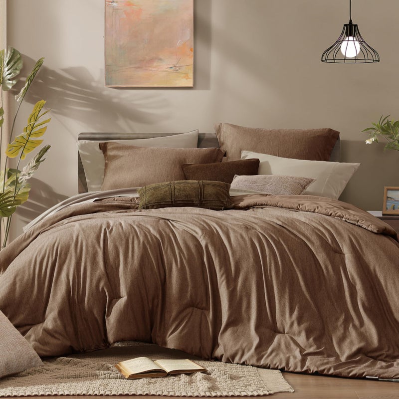 Monbix Queen Comforter Set - 7 Pieces Cationic Dyeing Brown Bed in a Bag Queen Bedding Sets with Comforter, Sheets, Pillowcases & Shams, Reversible Bedding Comforters Sets - Image 1