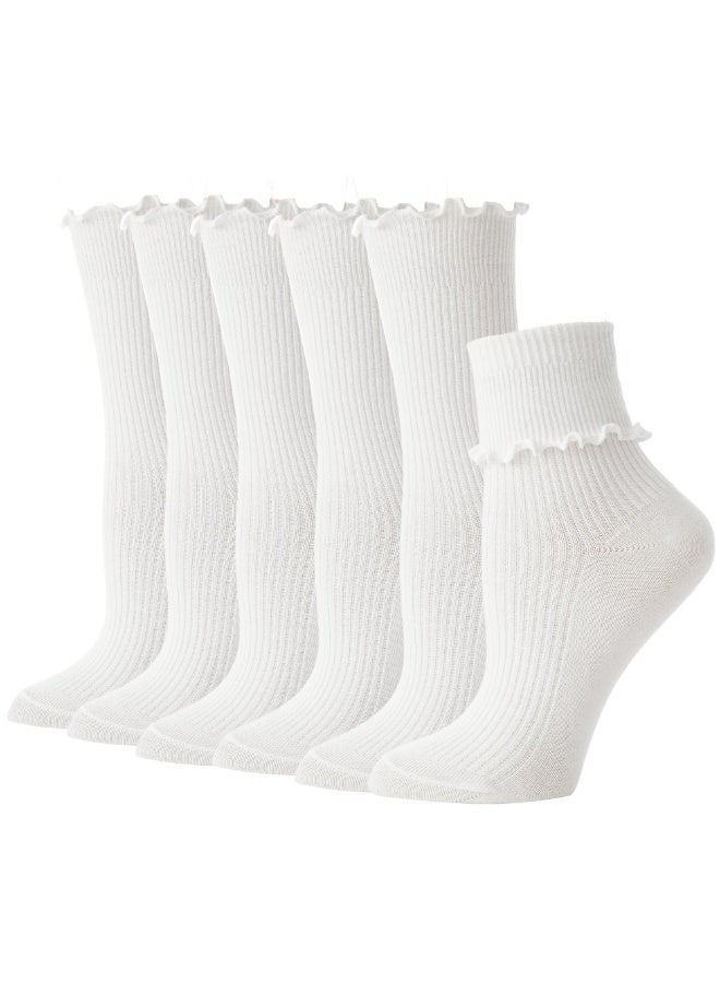 6 أزواج من الجوارب النسائية ذات الكشكشة البيضاء ذات الرقبة الطويلة للنساء والفتيات اللطيفات جوارب الكاحل ذات حافة الخس بلون سادة مريحة وجيدة التهوية - Image 1