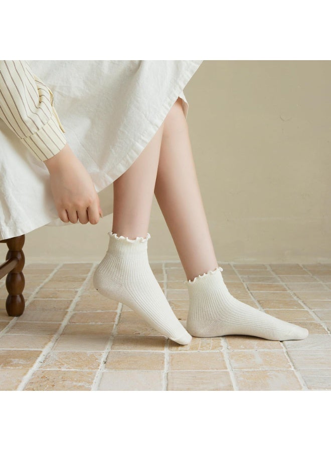 6 أزواج من الجوارب النسائية ذات الكشكشة البيضاء ذات الرقبة الطويلة للنساء والفتيات اللطيفات جوارب الكاحل ذات حافة الخس بلون سادة مريحة وجيدة التهوية - Image 2